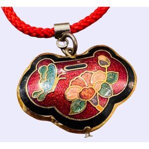 Vintage Cloisonne Necklace Vtg Gold Tone Red Enamel Flower & Butterfly Pendant